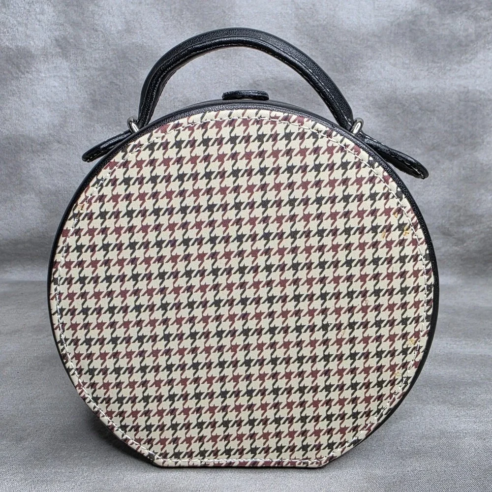 Vanity Jewelry Case Houndstooth Inset‎ & Black Leather Inside Mirror w/Pocket